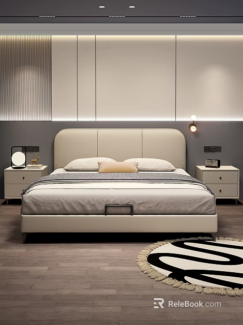 Modern Double Bed With Upholstered Headboard Gray White Wall Nightstands And Rug 3d model 