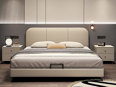 Modern Double Bed With Upholstered Headboard Gray White Wall Nightstands And Rug 3d model
