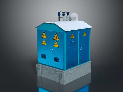 Computer Equipment Cabinet Blue With Yellow Warning Signs And Concrete Base 3d model