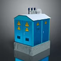 Computer Equipment Cabinet Blue With Yellow Warning Signs And Concrete Base