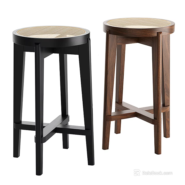 Two Stylish Bar Stools with Black Metal and Wooden Frames and Unique Seat Tops 3d model 