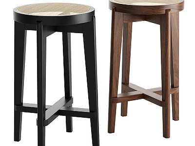 Two Stylish Bar Stools with Black Metal and Wooden Frames and Unique Seat Tops 3d model