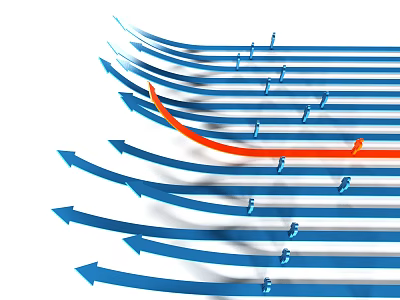 Commercial Equipment Directional Arrows With Blue Lines And Orange Highlighted Arrow With Small Icons 3d model