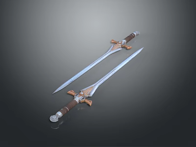 Two Ornate Medieval Swords With Double Edged Metal Blades Leather Wrapped Handles And Decorative Hilts 3d model