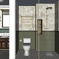 Modern Bathroom Interior with Green Tiles Glass Shower White Toilet and Wooden Vanity