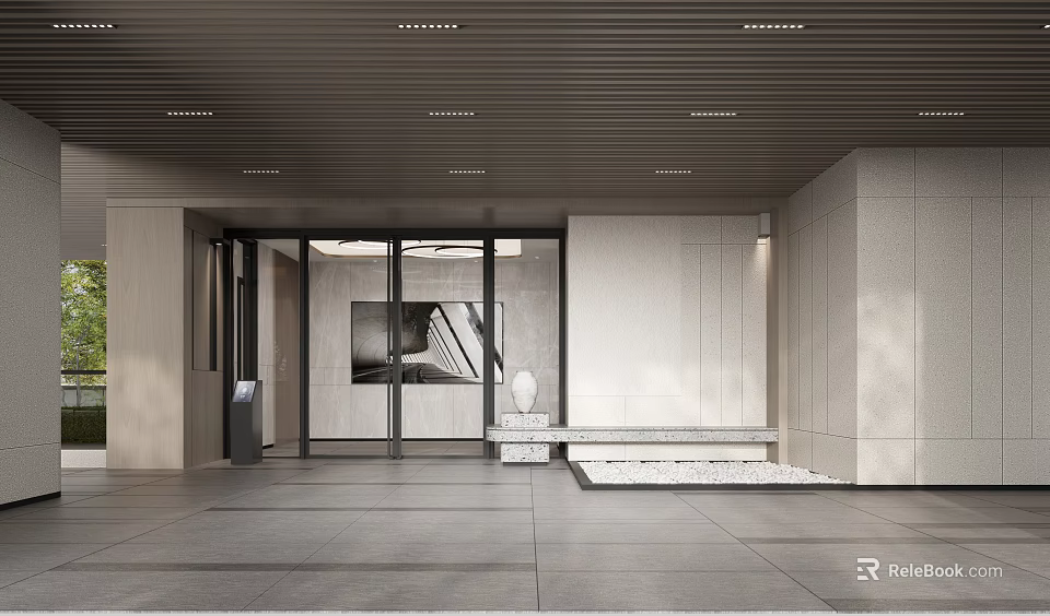 Modern Entrance Lobby With Glass Doors Information Kiosk Stone Walls And Ceiling Lights 3d model 