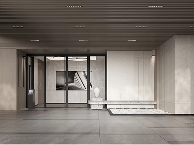 Modern Entrance Lobby With Glass Doors Information Kiosk Stone Walls And Ceiling Lights 3d model