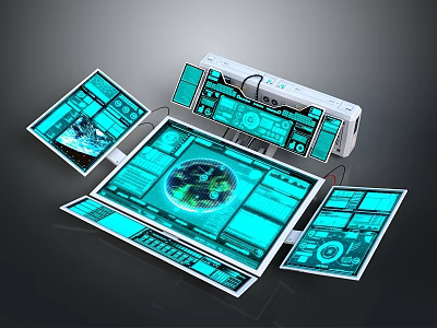 Advanced Control Panel With Multiple Electronic Screens Blue Interface Earth Graphic And Data Charts 3d model