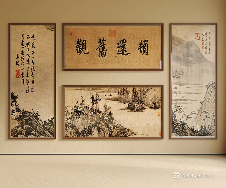 Traditional Chinese Calligraphy And Landscape Paintings Framed Decor Hanging On Wall 3d model 