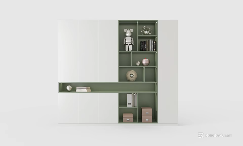 Modern White and Green Storage Cabinet Shelf with Multiple Compartments and Decorative Items 3d model 