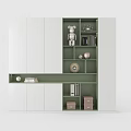 Modern White and Green Storage Cabinet Shelf with Multiple Compartments and Decorative Items