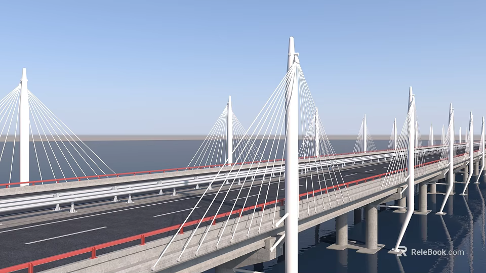 Modern Cable Stayed Bridge With White Pylons Over Water And Highway Lanes 3d model 