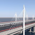 Modern Cable Stayed Bridge With White Pylons Over Water And Highway Lanes