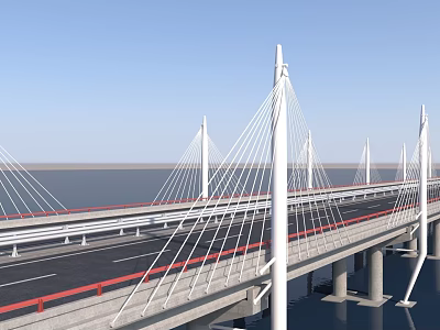 Modern Cable Stayed Bridge With White Pylons Over Water And Highway Lanes 3d model