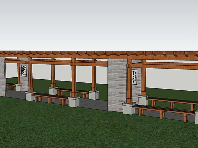 Wooden Pergola Structure with Stone Support Columns and Benches in Grass Area 3d model