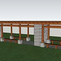 Wooden Pergola Structure with Stone Support Columns and Benches in Grass Area