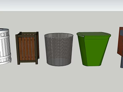 Public Trash Bins With Various Designs Wooden Metal Mesh And Plastic 3d model