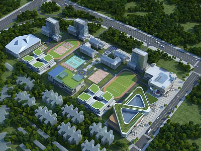 Aerial View Planning of Educational Campus With Academic Buildings Sports Fields And Green Spaces 3d model