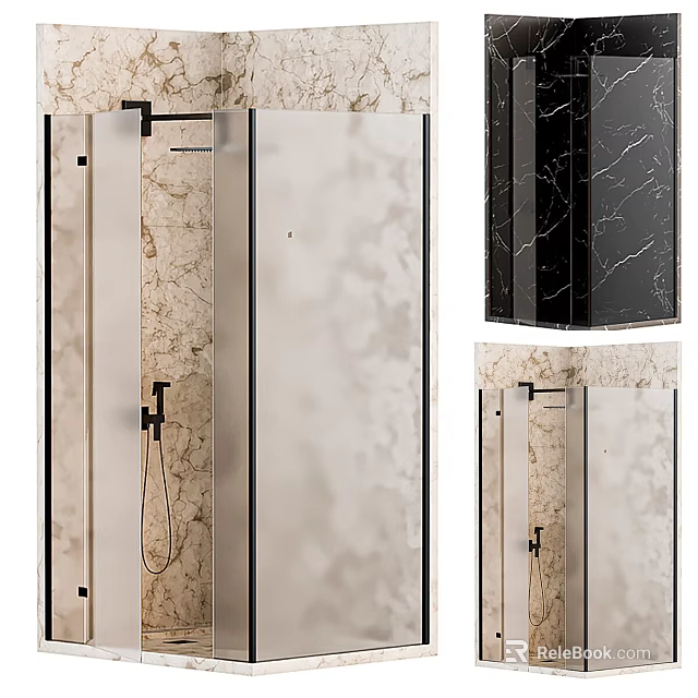Modern Bathroom Shower Head With Black Metal Fixture And Marble Wall Glass Enclosure 3d model 