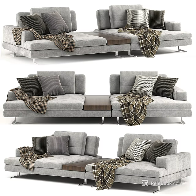 Modern Gray Two Seater Sofa With Plaid Blankets And Decorative Pillows 3d model