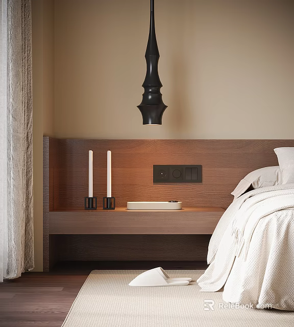 Bedroom Interior Featuring Black Pendant Light Above Wooden Headboard With Candles And White Bedding 3d model 