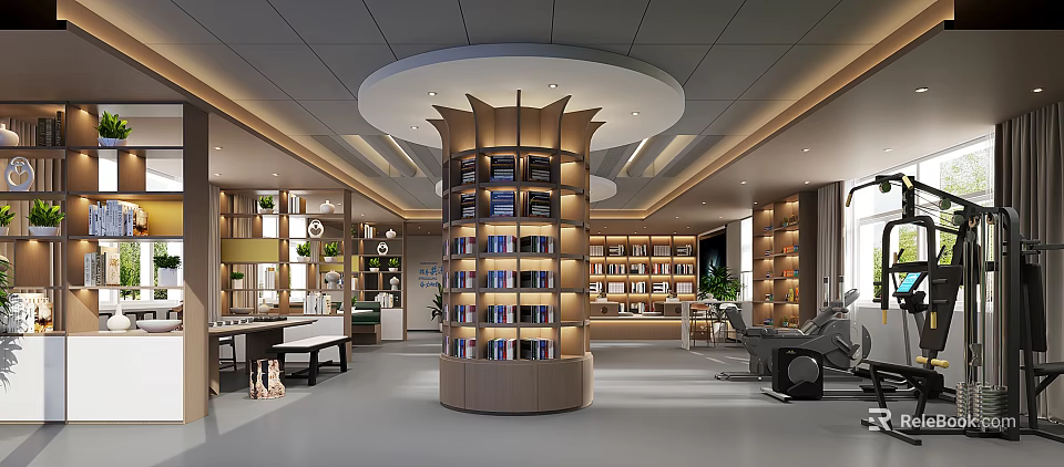 Modern Library Interior Design With Circular Bookshelf And Reading Area 3d model