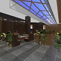 Elegant Restaurant Interior With Wooden Partitions Blue Glass Skylight And Green Plants