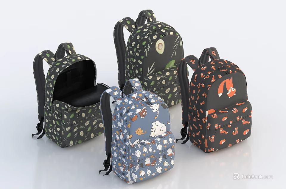 Colorful Cartoon Patterned Backpacks With Various Animal Prints For Casual Use 3d model 