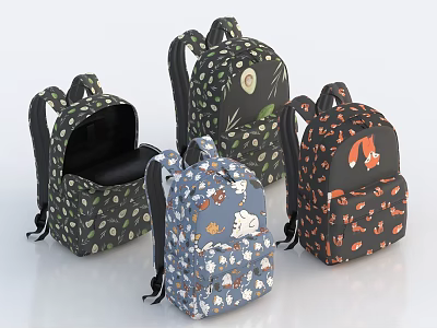 Colorful Cartoon Patterned Backpacks With Various Animal Prints For Casual Use 3d model