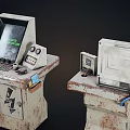Vintage Entertainment Appliances On Worn Stands With Control Panels And Screens