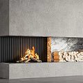 Modern Gray Concrete Fireplace With Burning Fire Wood Logs And Marble Accent