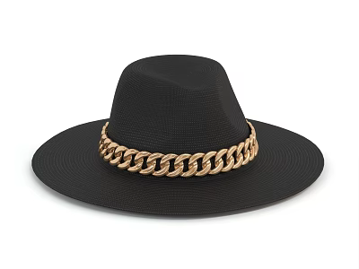 Stylish Black Wide Brim Woven Hat with Gold Chain Decorative Band 3d model