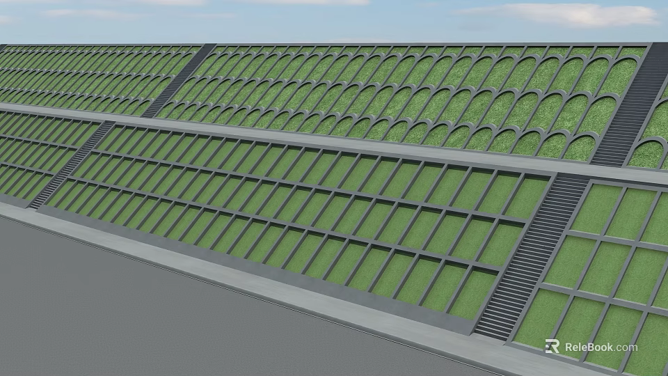 Green Grid Pattern Building Exterior Wall Design With Arched Panels And Glass Sections 3d model 