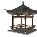 Traditional Chinese Garden Landscape With Wooden Pagoda Pavilion Overhanging Eaves And Cloudy Sky