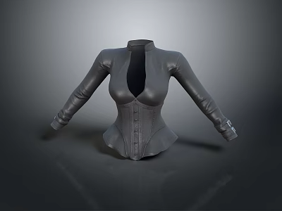 Black Leather Fitted Corset With Long Sleeves And Button Front Design 3d model