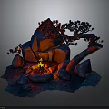 Natural Landscape With Wooden Curved Tree And Red Stone Pile Featuring Burning Campfire