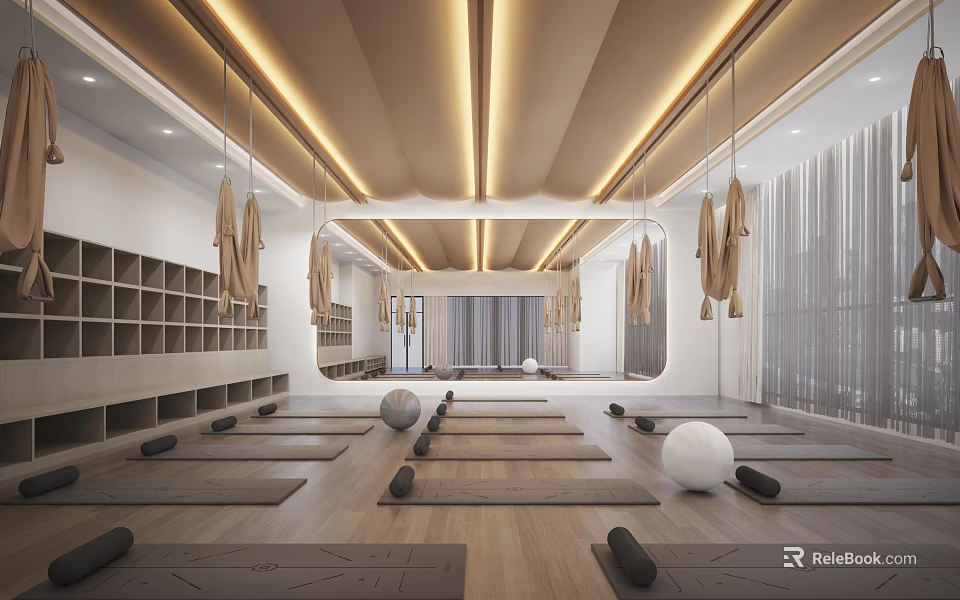 Modern Yoga Fitness Studio with Wooden Floors Yoga Mats Exercise Balls and Storage Shelves 3d model 