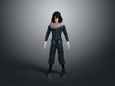 Man 3D Character Wearing Dark Jumpsuit Scarf And Boots Standing Pose 3d model