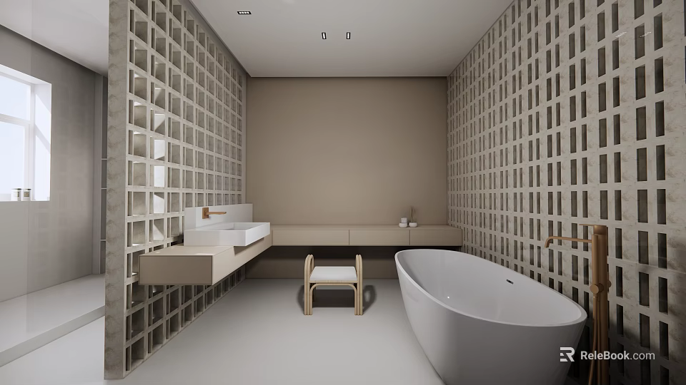 Modern Minimalist Bathroom With Grid Patterned Walls White Bathtub And Vanity Stool 3d model 