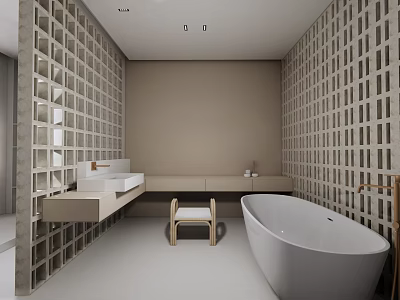 Modern Minimalist Bathroom With Grid Patterned Walls White Bathtub And Vanity Stool 3d model