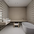Modern Minimalist Bathroom With Grid Patterned Walls White Bathtub And Vanity Stool