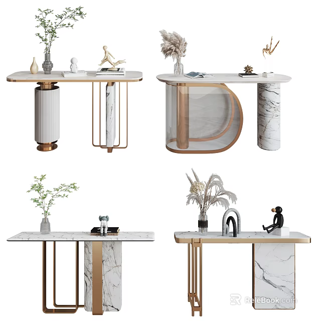 Modern Elegant Console Table With Marble Top Metal Frame And Decorative Items 3d model