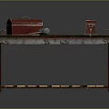 Red Toolbox Hammer And Red Device On Dark Worn Workbench With Wooden Slat Shelf