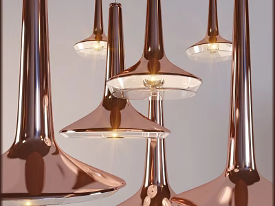 Modern Copper Chandelier Design With Flared Transparent Shades And Warm Lighting 3d model