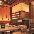 Elegant Restaurant Interior Featuring Hanging Chandeliers Orange Walls Wooden Accents And Warm Lighting