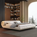 Modern White Leather Double Bed with Curved Headboard Soft Pillows and Snowy Window View