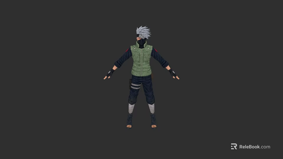 Anime Game Character 3D Model With White Hair Green Vest And Black Outfit Back View 3d model 