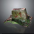 Ancient Stone Architectural Structure With Moss Covered Surface Red Markings And Green Plant Surroundings