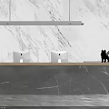 Sleek Marble Reception Desk With Two Mac Computers Black Sculpture And Long Pendant Light 3d model