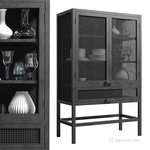 Modern Black Sideboard With Mesh Doors Drawer Shelves And Decorative Vases Wine Glasses 3d model 
